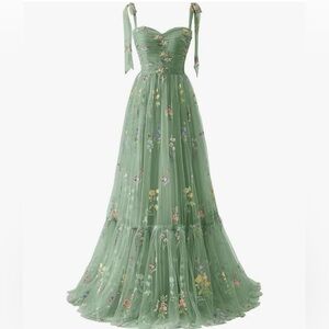 Green Embroidered Tulle Bridgerton / Tea Party / Garden Maxi Dress
